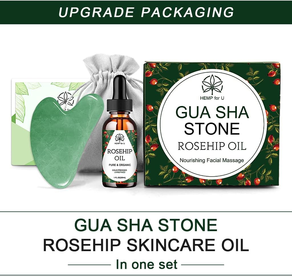 Jade Gua Sha & Rosehip Oil Set with Travel Pouch