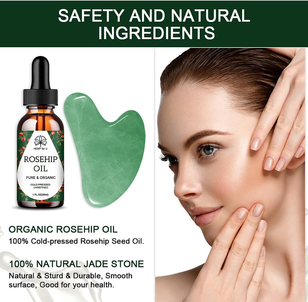 Jade Gua Sha & Rosehip Oil Set with Travel Pouch